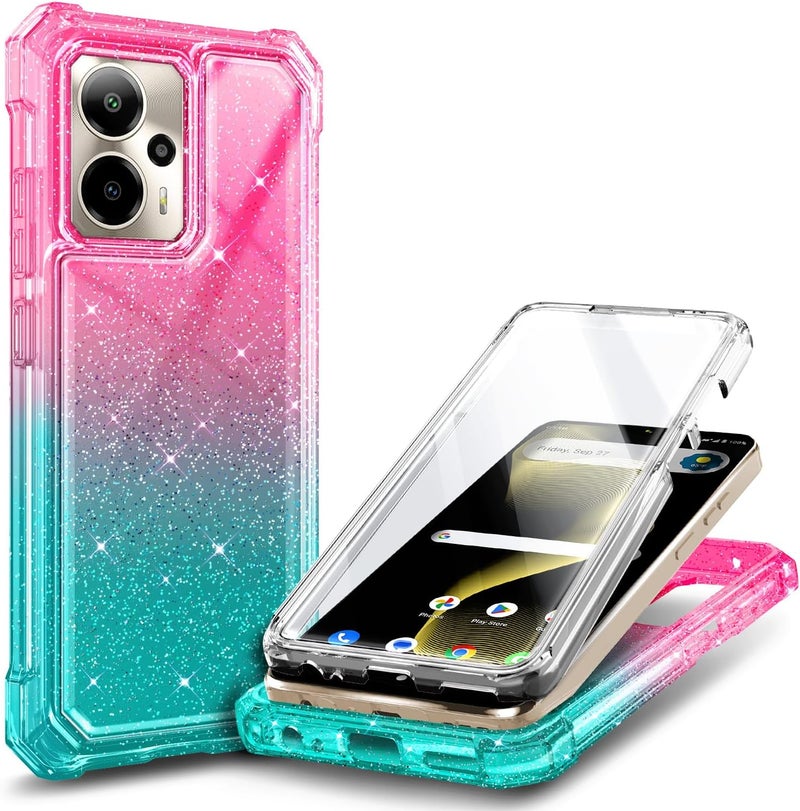 WDHD for Cricket Outlast 5G 2024 Case, AT&T Motivate Pro 5G with [Built-in Screen Protector], [9FT Military Grade Drop Tested] Full-Body Protective Shockproof Bumper Case (Glitter Pink/Aqua) - Image 1